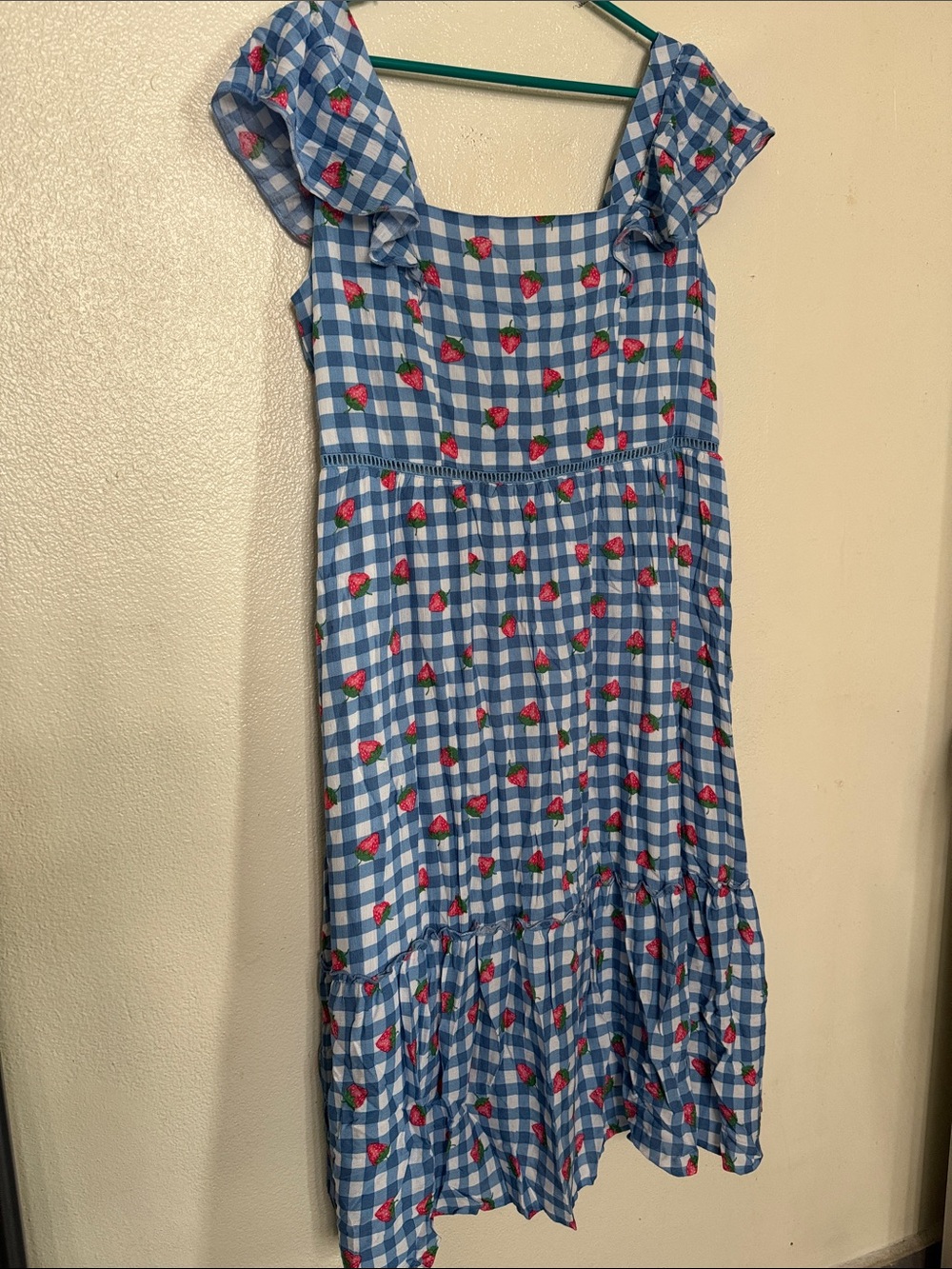 Blue Gingham Dress with Strawberry Print